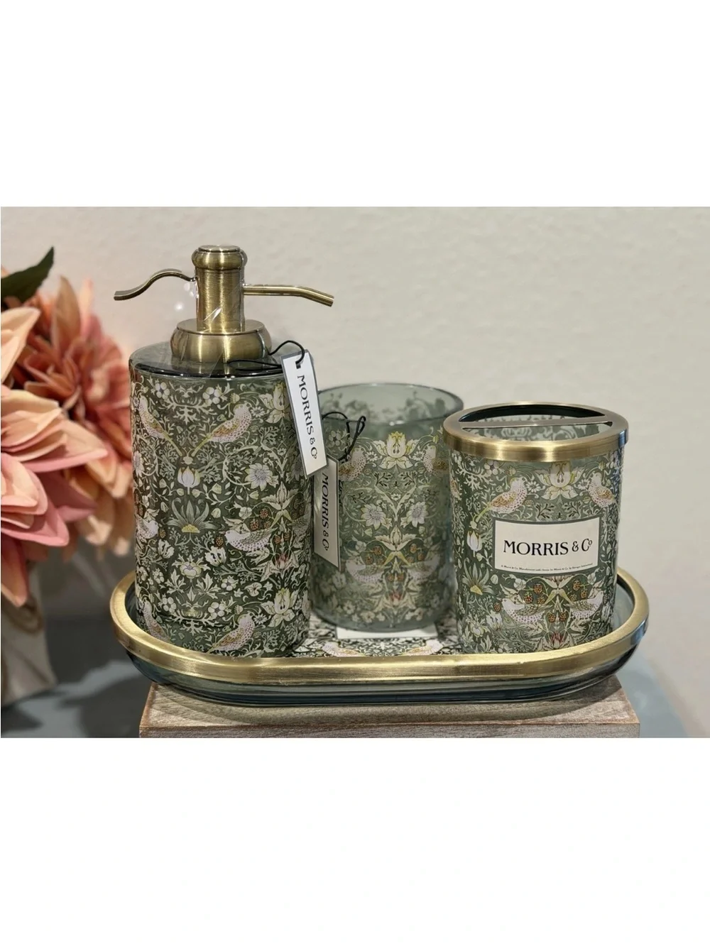 New Morris & Co Heavy Glass Green Strawberry Thief Bath Vanity Accessories 4 Pc